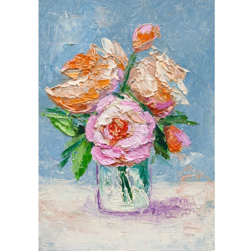 Bouquet Painting Original, Pink Floral Wall Art, Flower Still Life Small Artwork - 海报/装饰画/版画 - 其他材质 多色