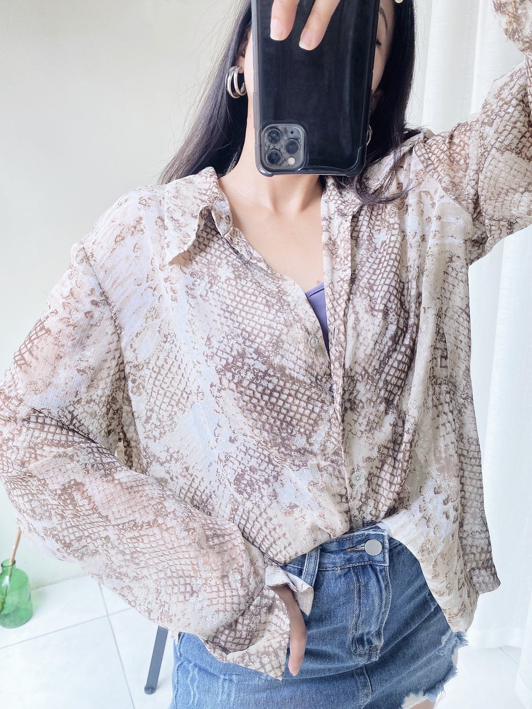 奶茶色闪闪凉烫银图纹反折袖 古着纺纱衬衫上衣 vintage Shirt - 女装衬衫 - 聚酯纤维 卡其色