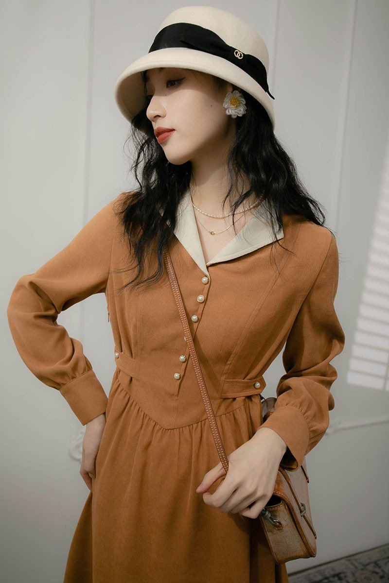 限量贩售 法式优雅 腰部可调节气质显瘦落日橘洋装 洋装连衣裙 - 洋装/连衣裙 - 聚酯纤维 橘色