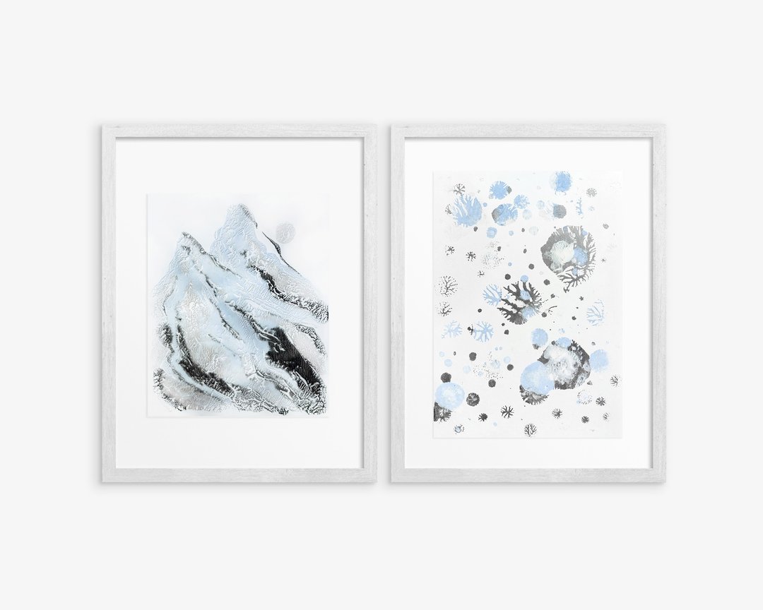 画廊墙一套 2 张 Monotype 版画抽象山脉和雪冬季艺术 - 海报/装饰画/版画 - 纸 蓝色