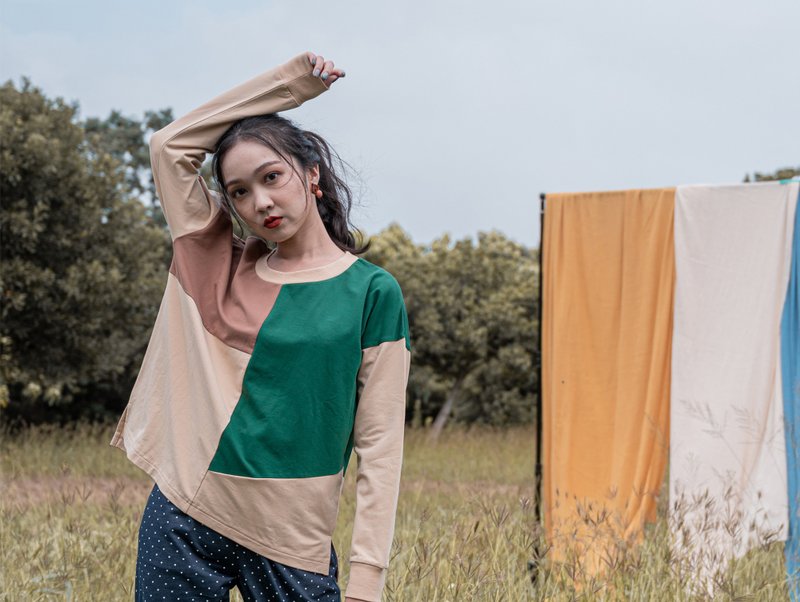 印象派 长袖上衣 - 女装 T 恤 - 棉．麻 卡其色