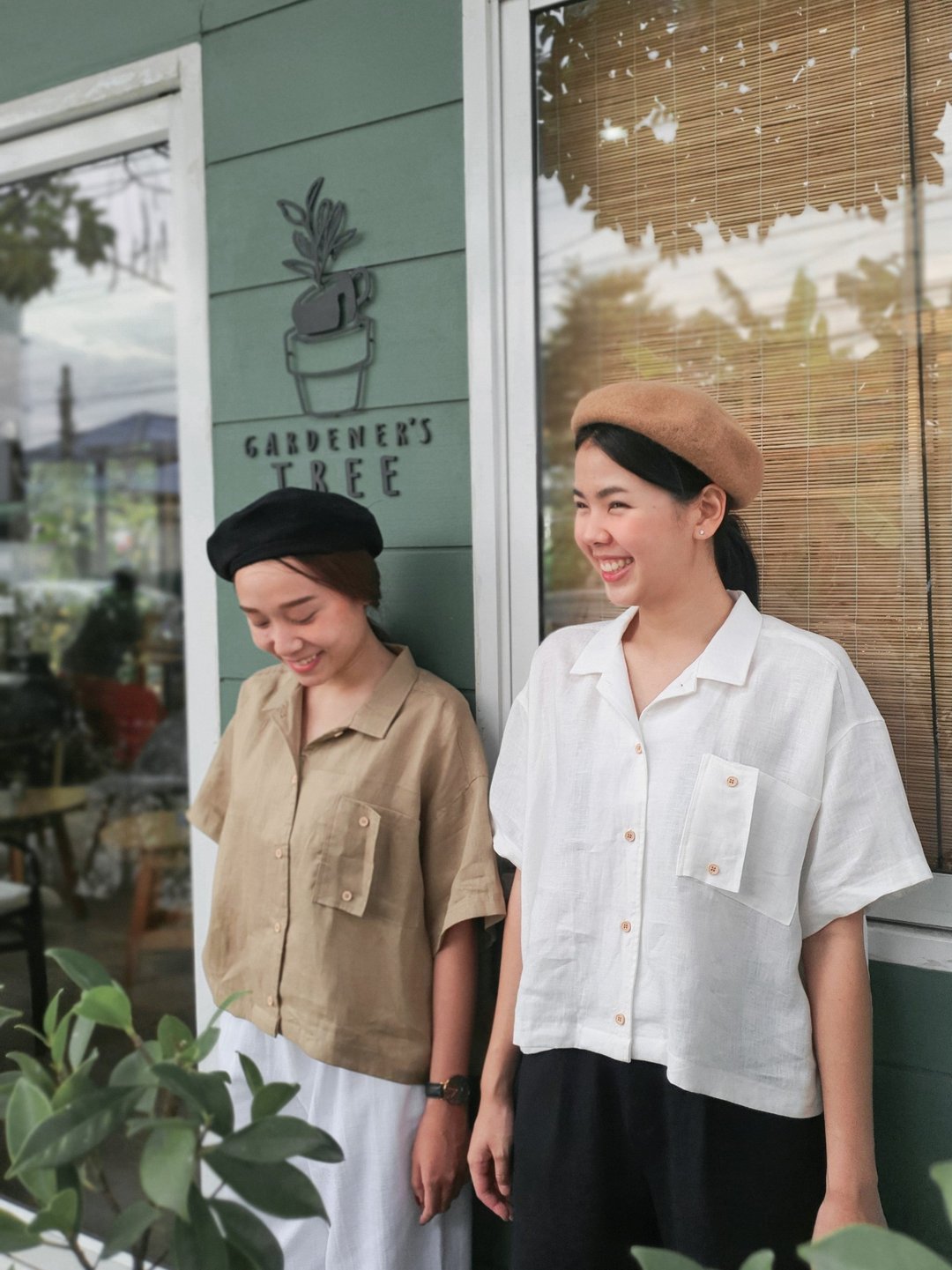 Linen short sleeve shirt with Pocket (Oversize) - Khaki - 女装上衣 - 棉 卡其色
