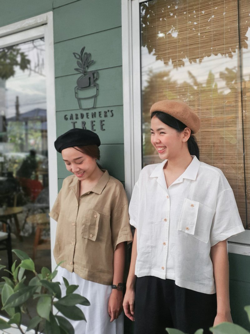 Linen short sleeve shirt with Pocket (Oversize) - Khaki - 女装上衣 - 棉．麻 卡其色