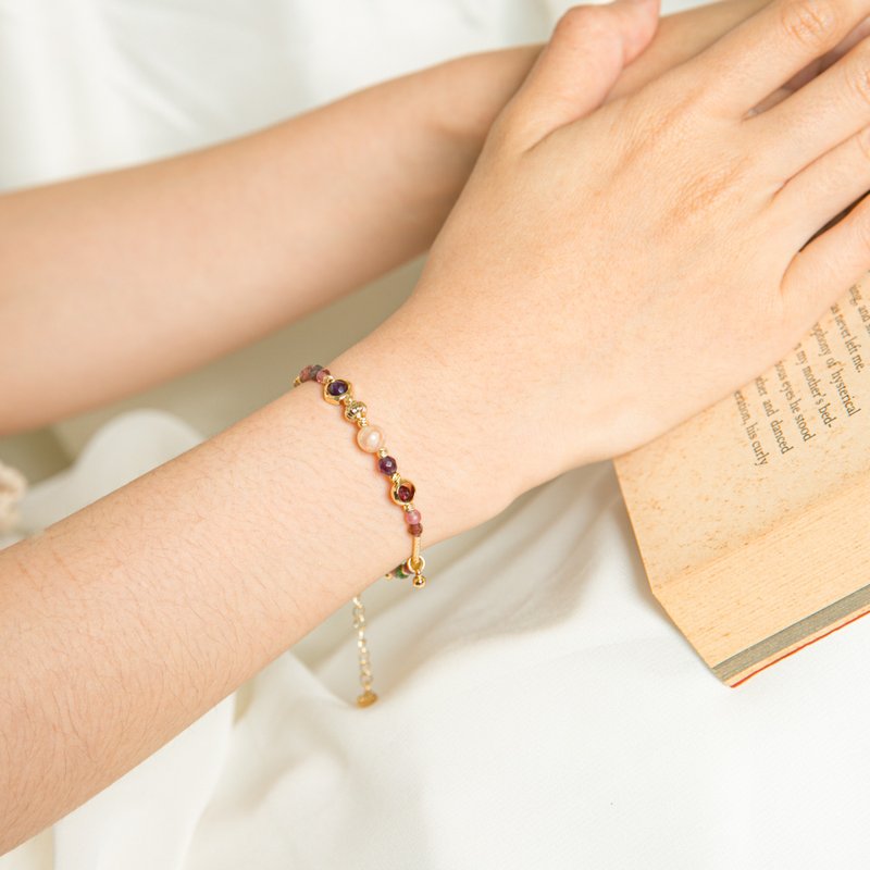 bubble 樱花玛瑙-石榴石-碧玺-紫水晶-14k包金材料 母亲节礼物 - 手链/手环 - 其他金属 多色