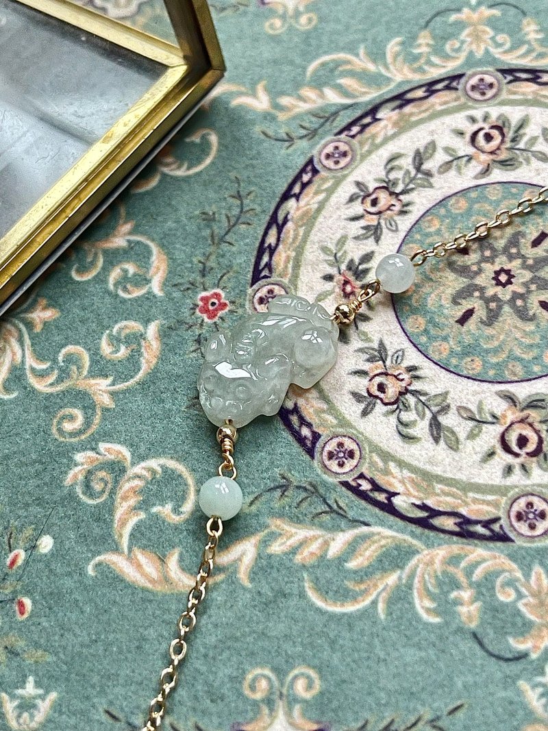 缅甸玉A货翡翠-冰晴胶感貔貅翡翠14K包金手链 礼物 招财 平安 玉 - 手链/手环 - 玉石 金色