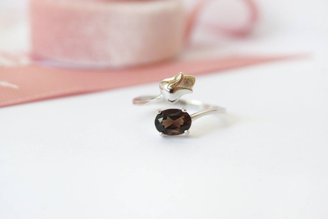 Natural Smoky Quartz Leaf Ring Silver - 戒指 - 纯银 咖啡色