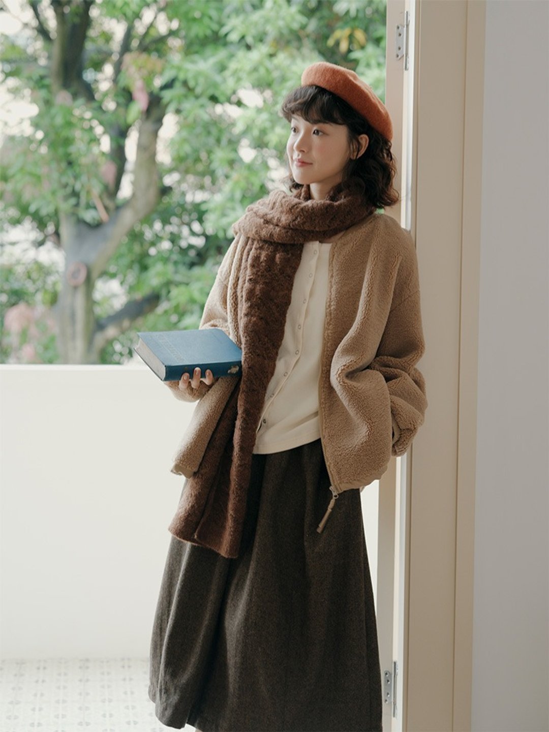 羊羔毛外套 圆领日杂感穿搭风格 纯色休闲上衣 秋冬 - 女装休闲/机能外套 - 羊毛 咖啡色