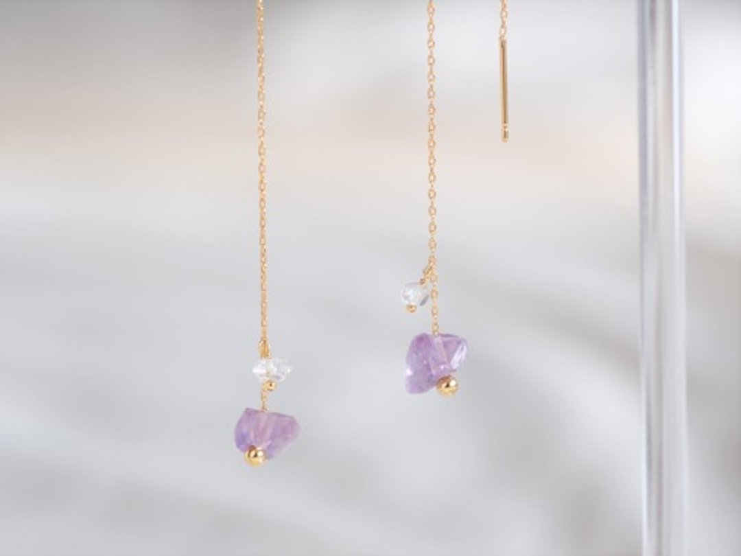 Amethyst rock pierced earring: Amethyst x Herkimer Diamond Long Earrings American - 耳环/耳夹 - 宝石 