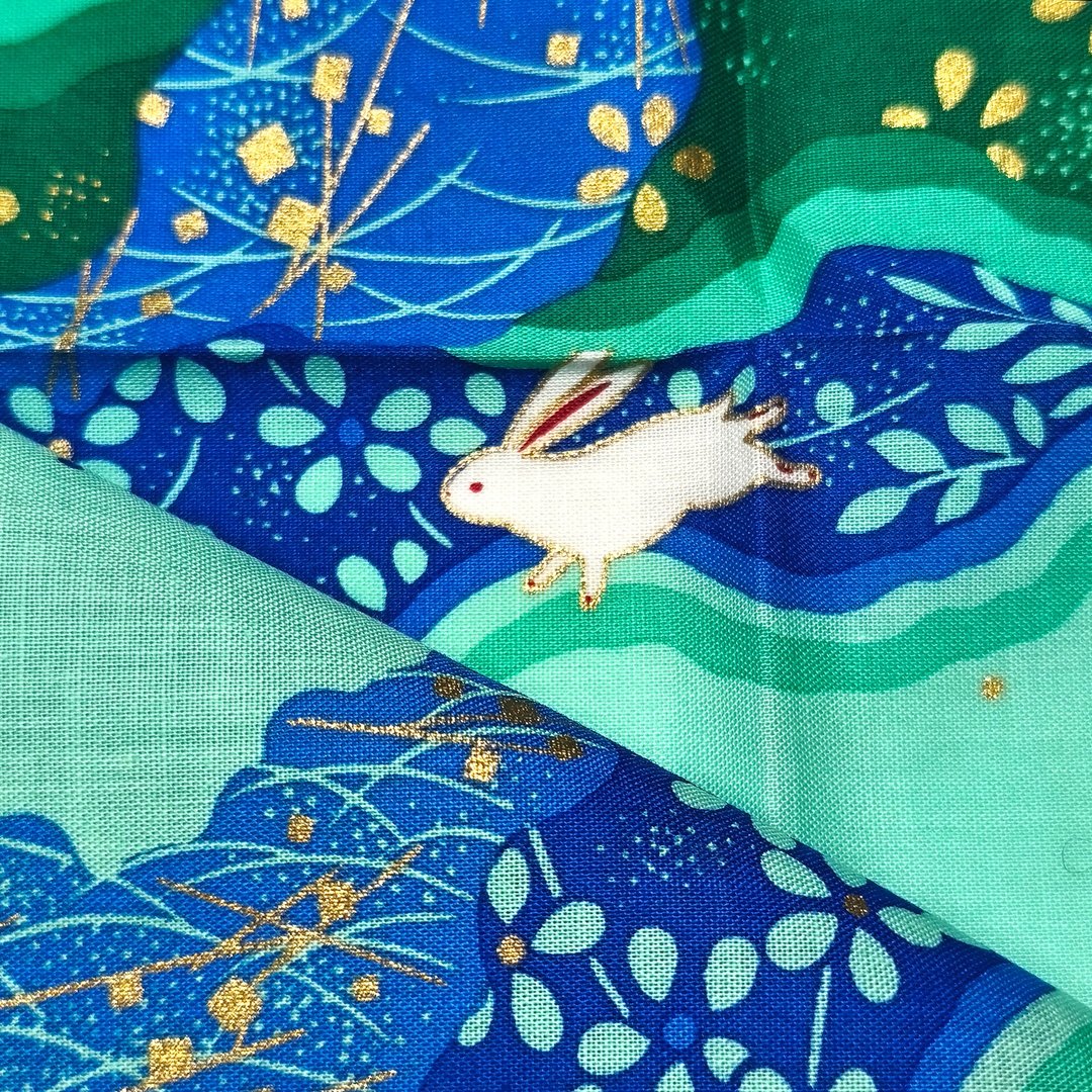 日式复古手帕 - 兔、芒草与风铃花 17x17 英寸 - 手帕/方巾 - 棉 蓝色