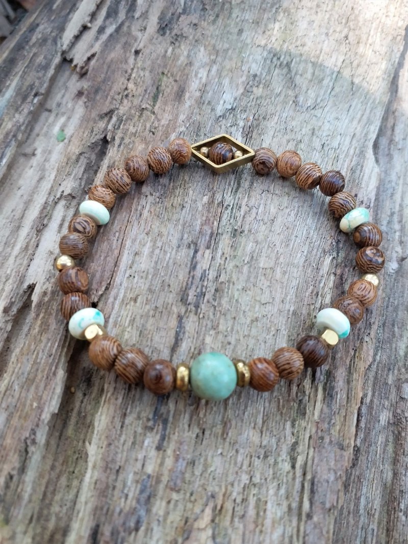 【秋冬新时尚】绿松石│鸡翅木│黄铜│原始气息 木制 手链 - 手链/手环 - 水晶 咖啡色