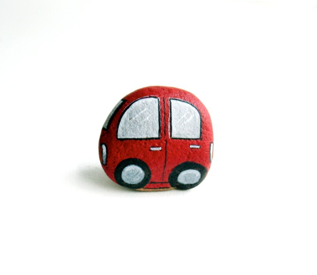 Red car stone painting. - 玩偶/公仔 - 石头 红色