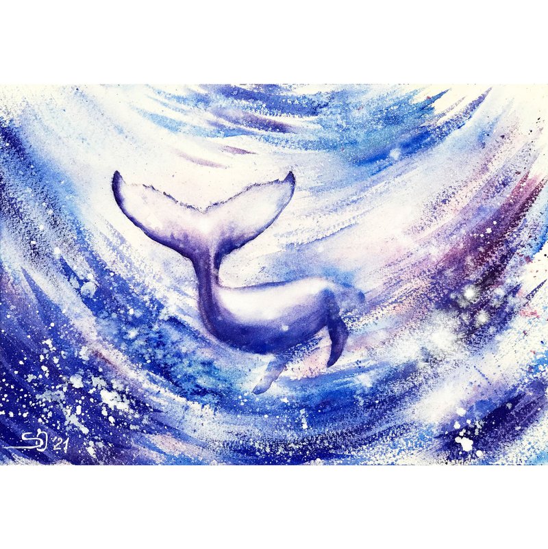 Whale Painting Hawaii Original Art Animal Wall Art Watercolor Artwork Ocean Art - 海报/装饰画/版画 - 纸 蓝色
