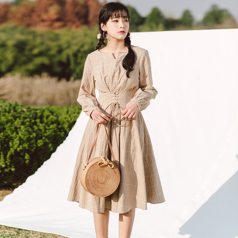 【赠百搭领巾】安妮陈2018春夏装新款文艺女装格子中长款连身裙洋装裙子 - 洋装/连衣裙 - 棉．麻 卡其色
