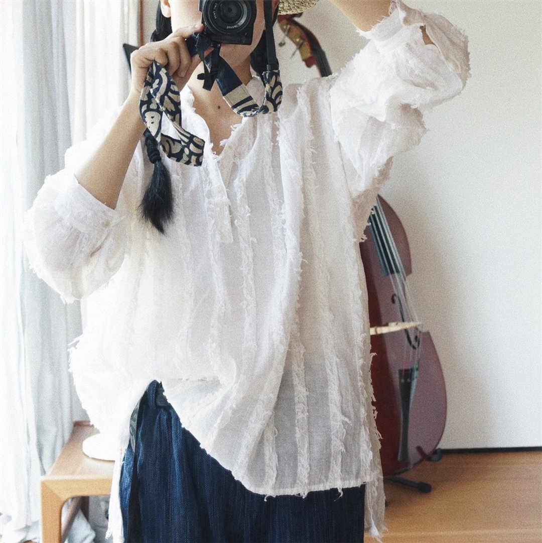 白色 亞麻法式工作罩衣 French Cotton Work Smcok襯衣 - 女装上衣 - 棉 白色