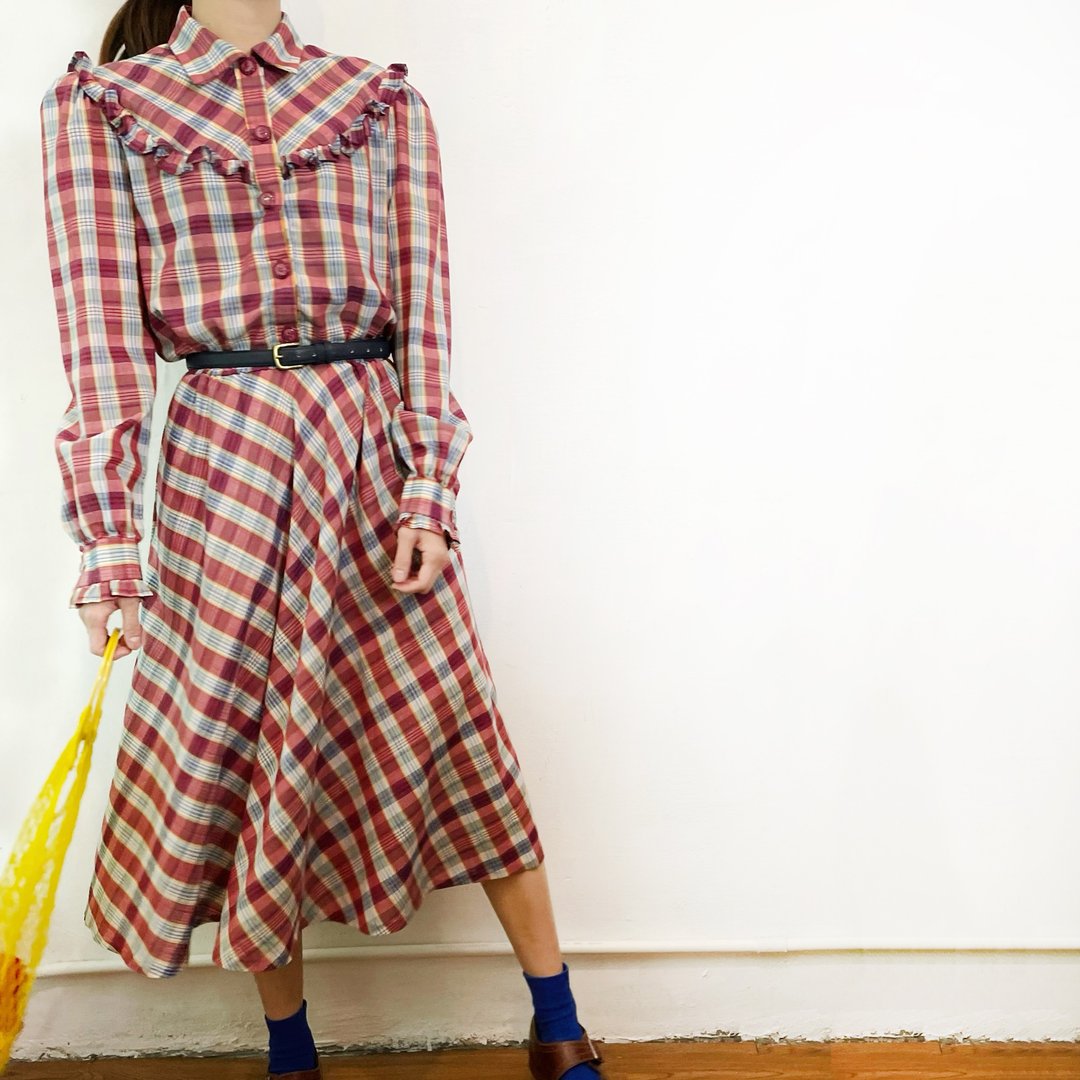 70s Ruffle Details Plaid Pattern Dress - 洋装/连衣裙 - 聚酯纤维 咖啡色