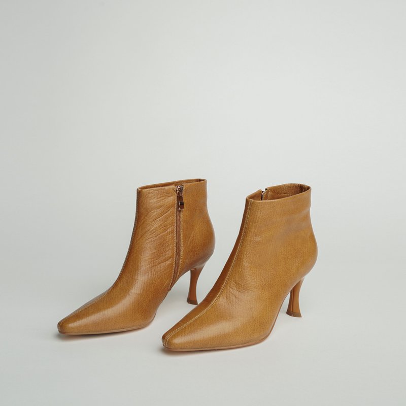 线条纹路 尖头细跟裸靴 驼 - 女款短靴 - 真皮 橘色