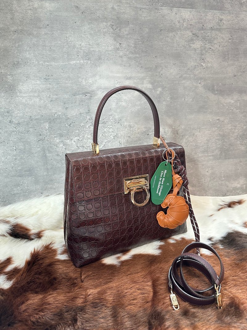 中古包 FERRAGAMO 菲拉格慕 朱古力压纹老花Kelly - 手提包/手提袋 - 真皮 咖啡色