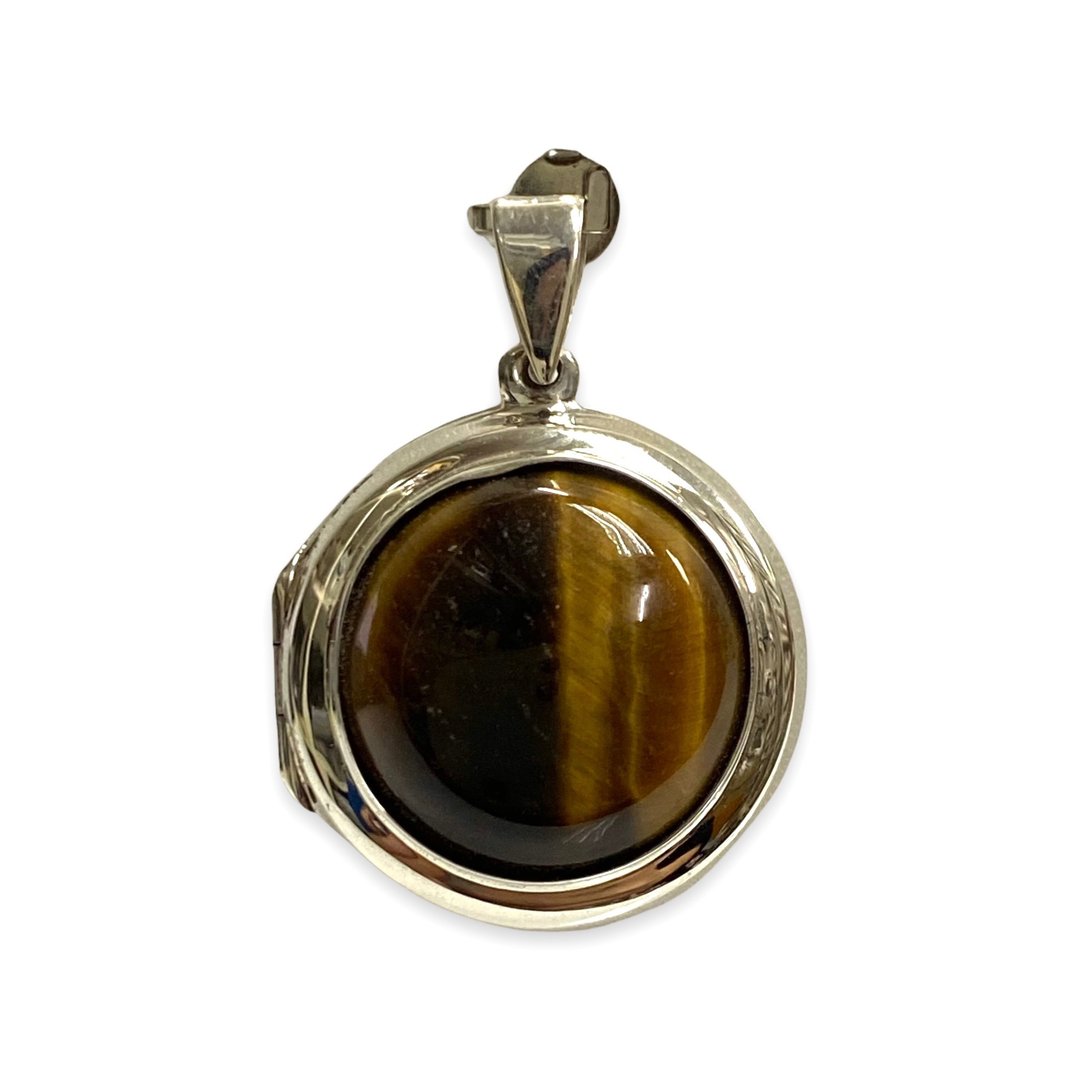 925 Sterling Silver Circle Locket Pendant Family Photo with Tiger Eye Stone - 项链 - 纯银 咖啡色