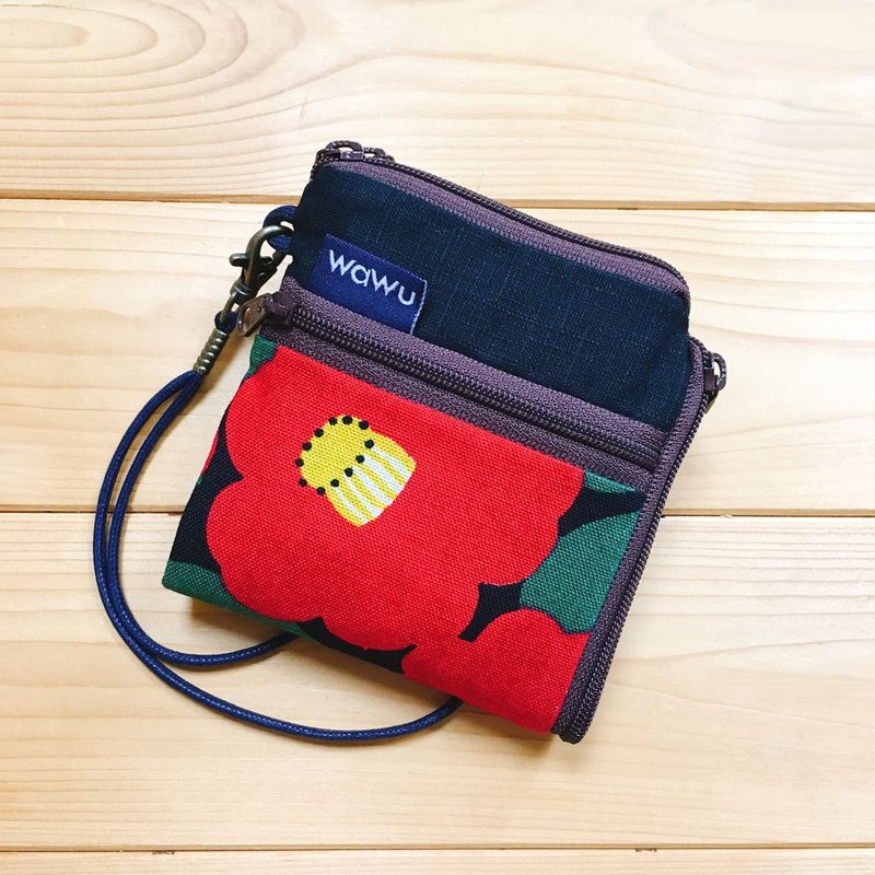 夹心短夹 (山茶花) (附绳) 接单生产* - 皮夹/钱包 - 棉．麻 红色