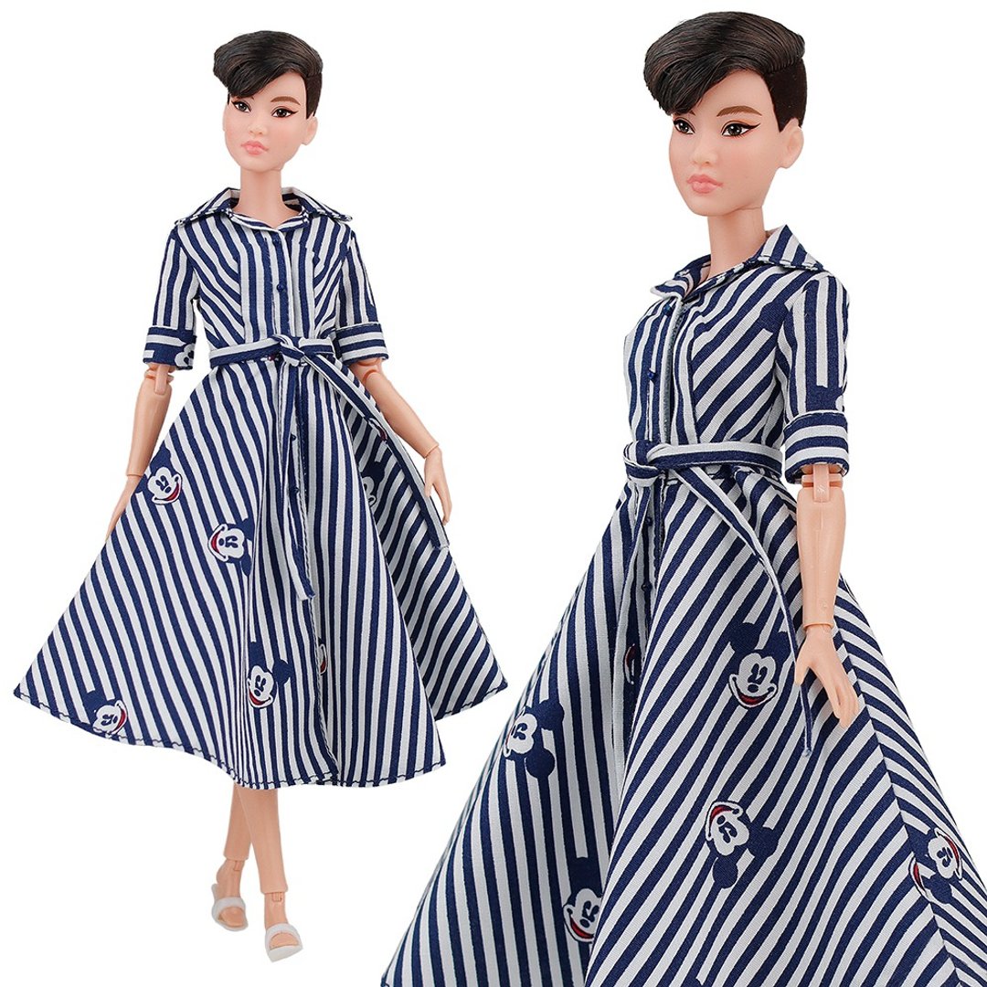 ELENPRIV striped shirt-dress Mickey Mouse print for Barbie fashion doll 30cm - 玩具/玩偶 - 聚酯纤维 蓝色