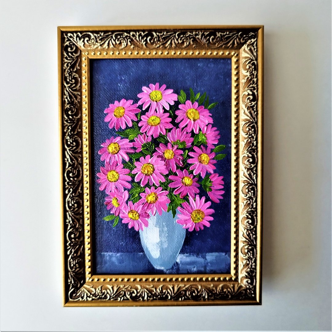 Pink Daisies Bouquet Small Wall Art: Handmade Painting for Your Home - 墙贴/壁贴 - 压克力 多色