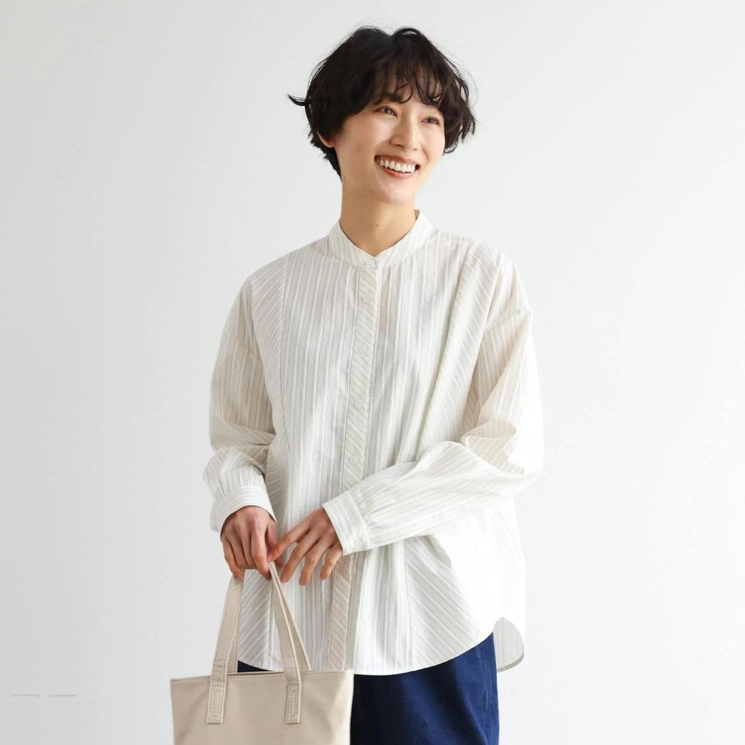 纯棉提花条纹衬衫│兼具实用与优雅的条纹衬衫 米白 250507-2 - 女装衬衫 - 棉 
