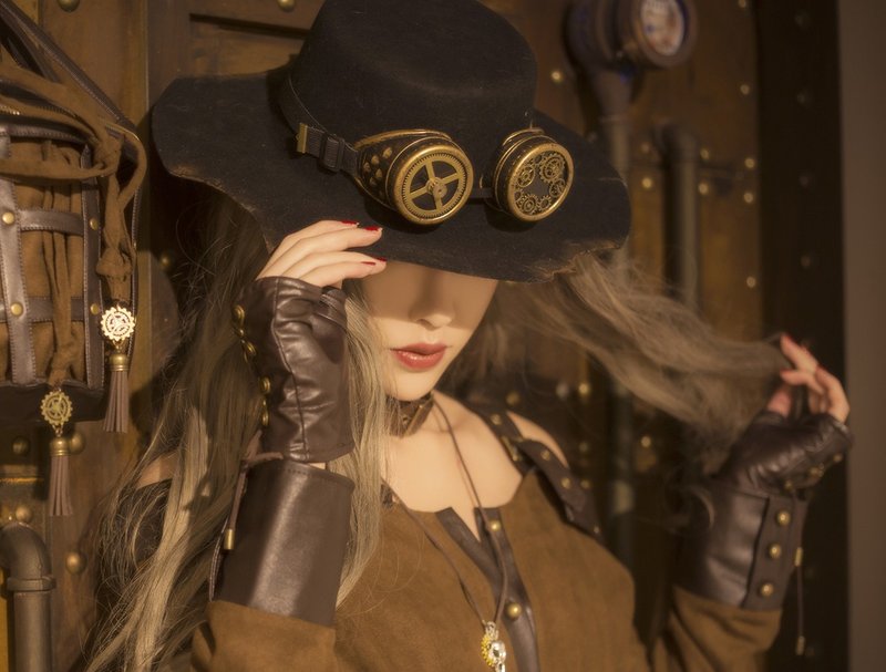 蒸汽朋克 steampunk 烫烧洞战损 羊毛呢 做旧 黑色礼帽 牛仔帽 - 帽子 - 羊毛 黑色