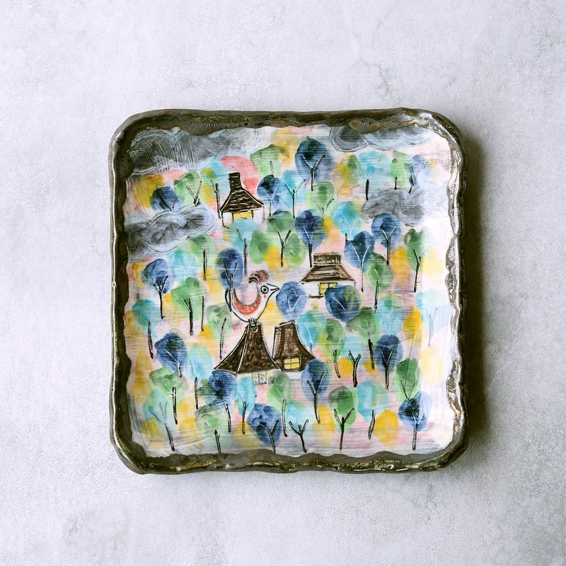 森林里的房屋和雀、日本村庄、方盘 - 盘子/餐盘/盘架 - 陶 多色
