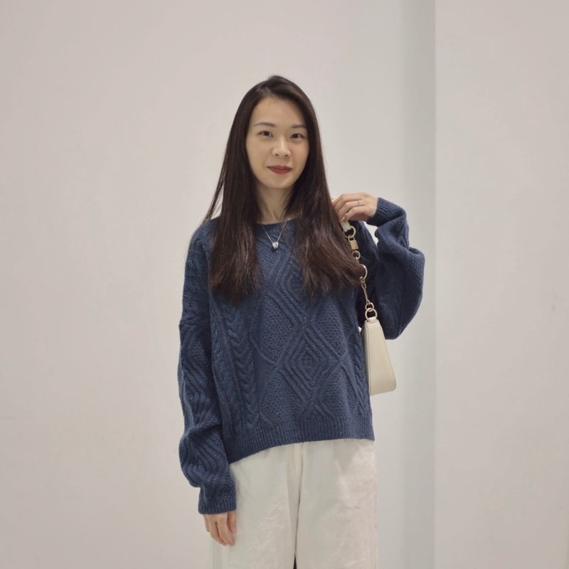 菱格混麻花纹针织毛衣 - 女装针织衫/毛衣 - 聚酯纤维 蓝色