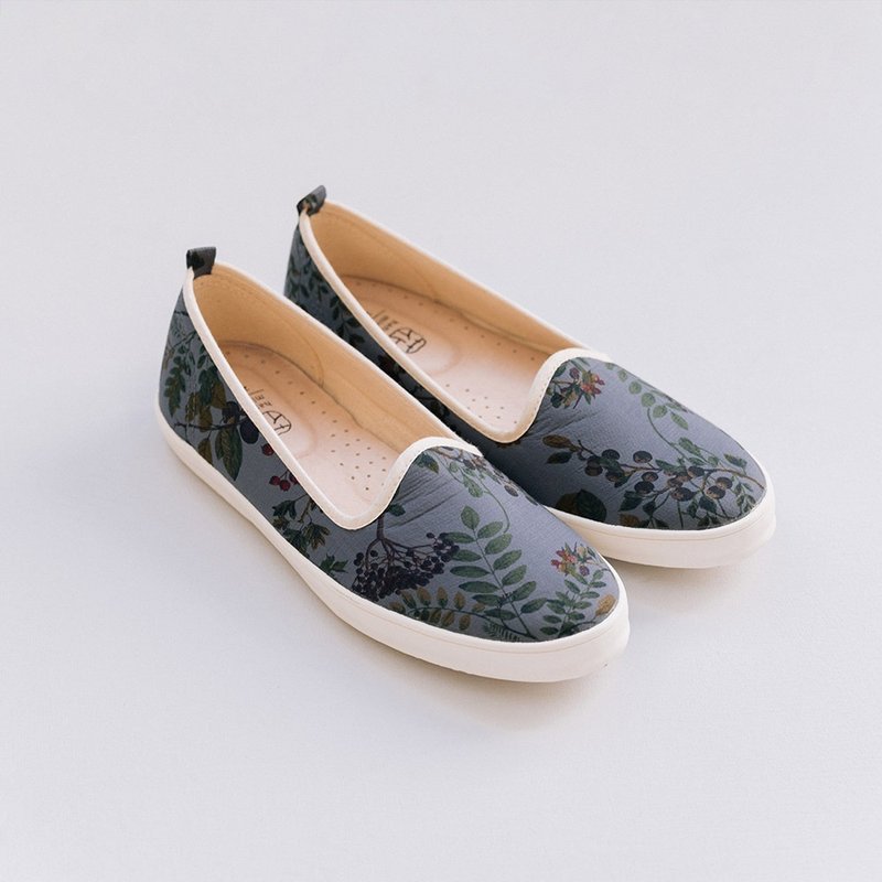 沉稳的美丽【乐芙日】郁子之实 日本花布 好穿脱 高脚背 - 女款休闲鞋 - 棉．麻 灰色