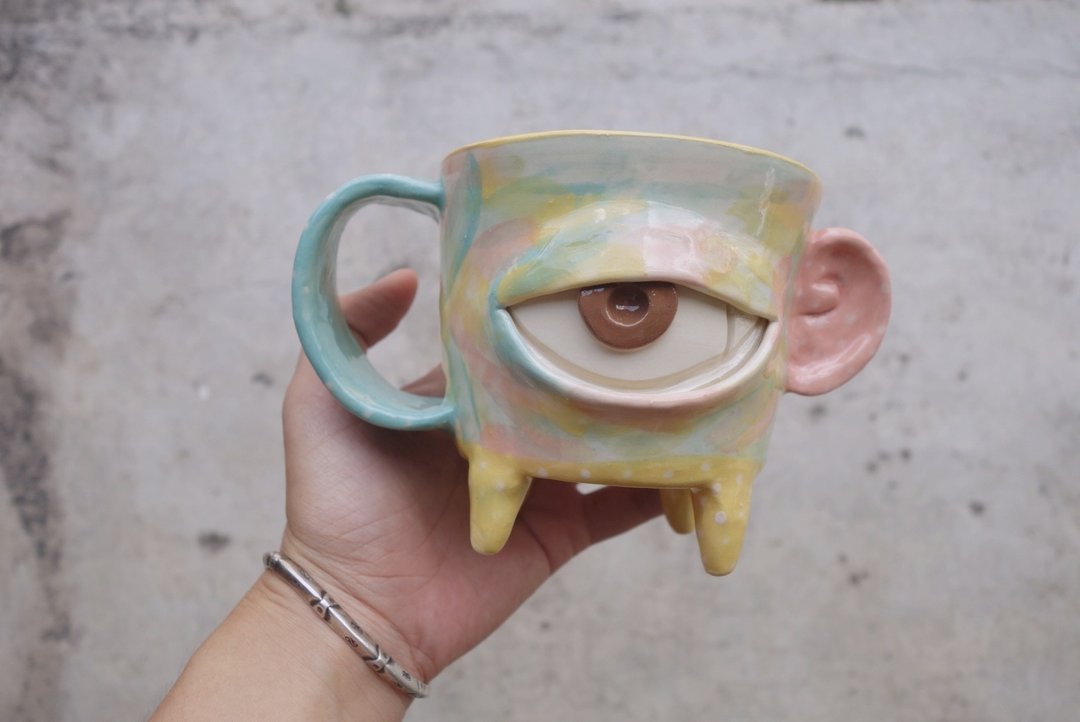 Big Handmade ceramic mug cup with bigeye in watercolour : ) - 花瓶/陶器 - 陶 多色
