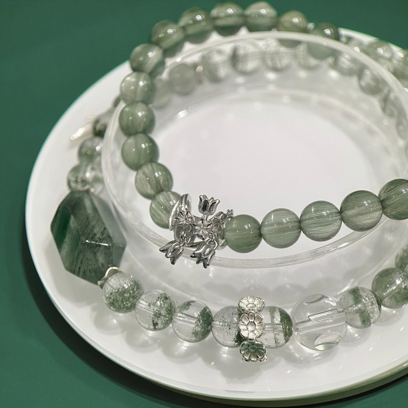 高品绿幽灵+稀有绿兔毛水晶 6mm双圈手串 - 手链/手环 - 水晶 