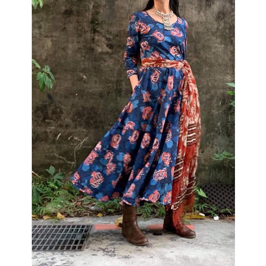 StarryRose星夜玫瑰Merry Dress。印度手刻章盖印植物染 - 洋装/连衣裙 - 棉 蓝色