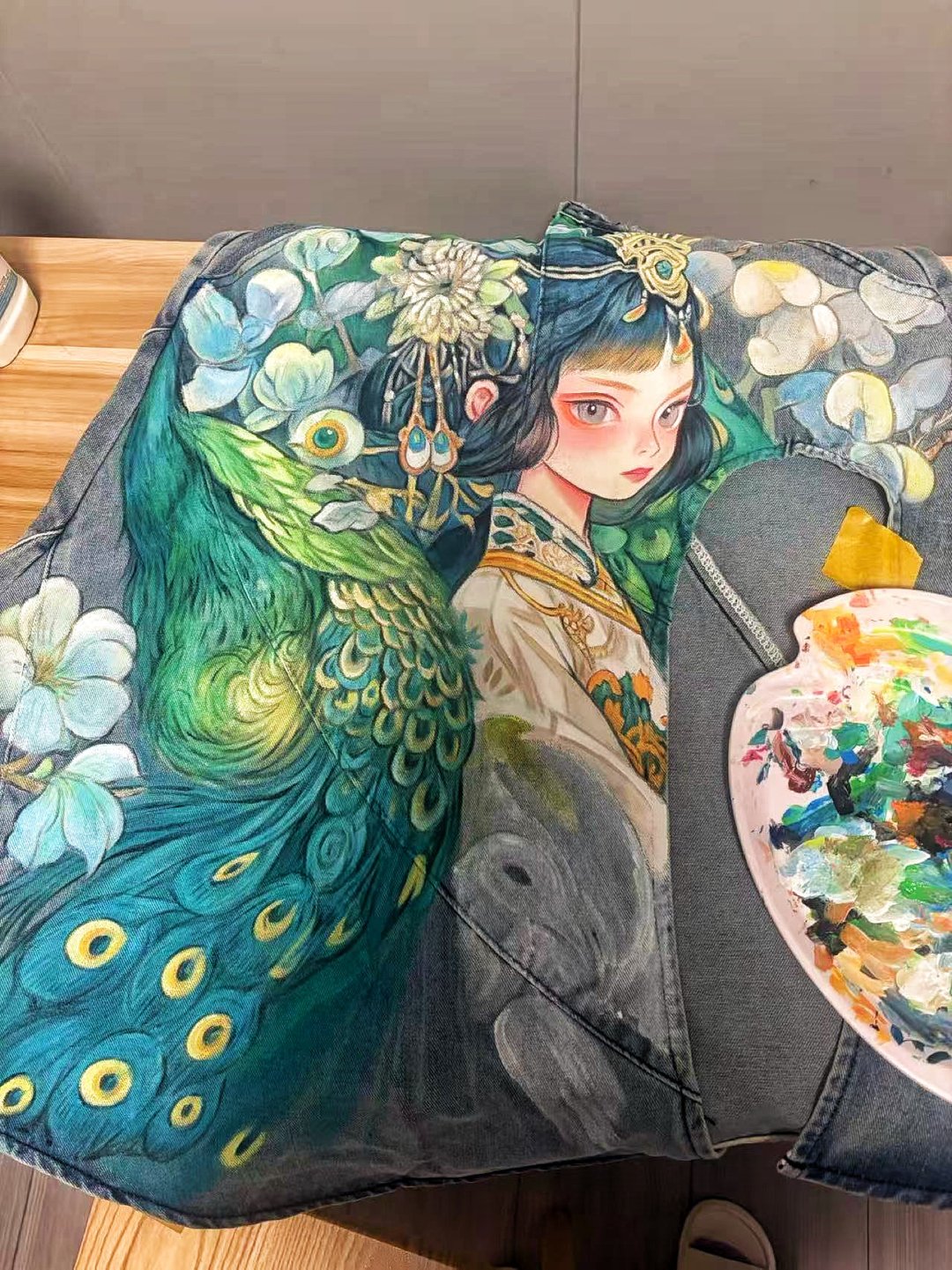 精致手绘、孔雀明王、开叉不规则牛仔裙、唯一、不再复刻。长裙 - 裙子 - 棉 蓝色