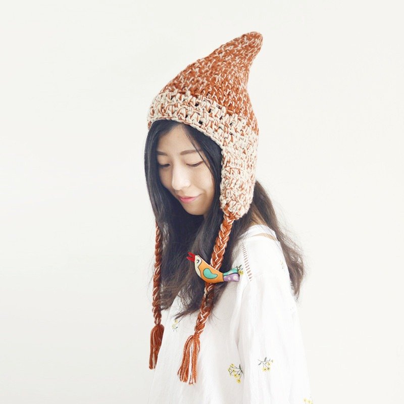 森林里的精灵 森系小鸟针织护耳帽 秋冬保暖毛线尖尖帽 礼物 - 帽子 - 棉．麻 咖啡色
