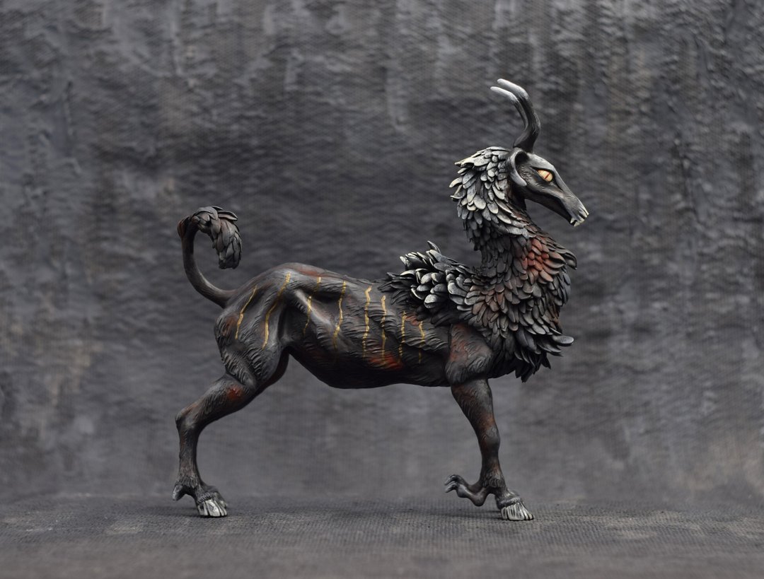 Black goat Monster Original creature Figurine Sculpture OOAK Art doll Toy animal - 玩偶/公仔 - 塑料 黑色