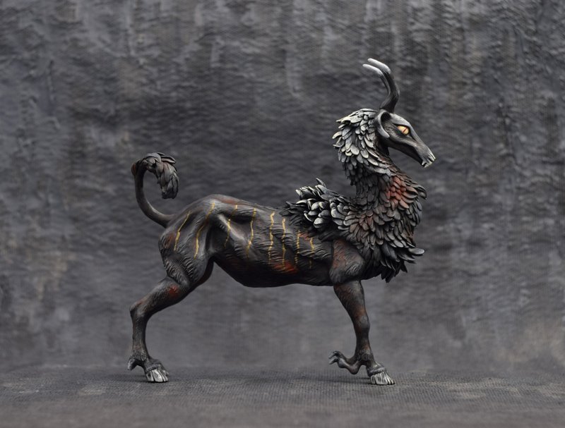 Black goat Monster Original creature Figurine Sculpture OOAK Art doll Toy animal - 玩偶/公仔 - 塑料 黑色