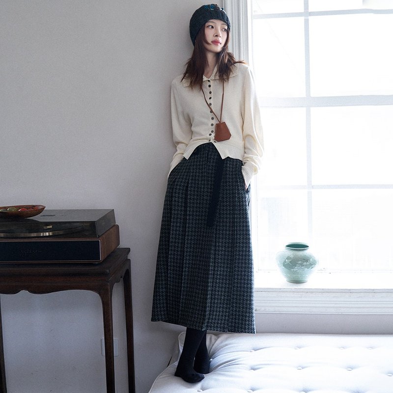 绿灰格千鸟格毛半裙|裙子|秋款|Sora-1645 - 裙子 - 羊毛 