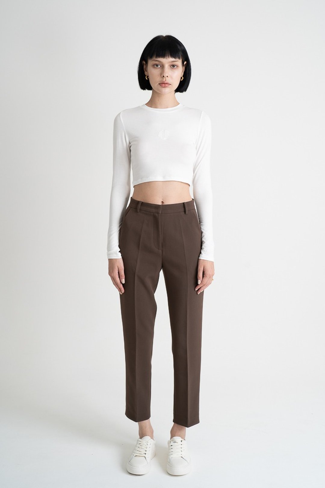 High Waist Jersey Trousers | 高腰九分西装老爷裤 - 深咖 - 女装长裤 - 聚酯纤维 咖啡色