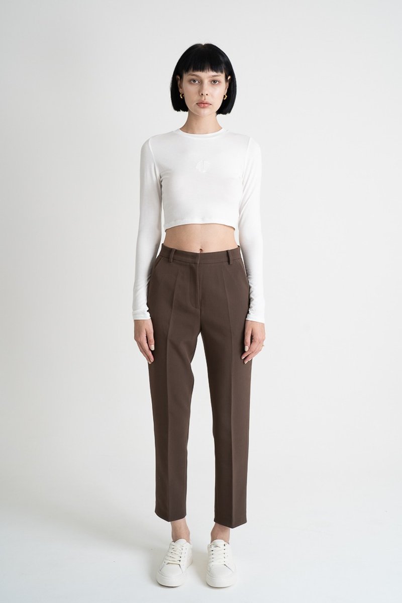 High Waist Jersey Trousers | 高腰九分西装老爷裤 - 深咖 - 女装长裤 - 聚酯纤维 咖啡色