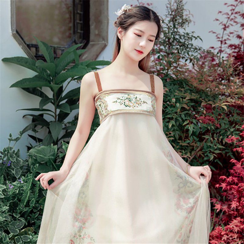 米白 刺綉細肩帶漢服改良洋裝 很仙的連身裙 復古改良新中式國風 - 洋装/连衣裙 - 聚酯纤维 白色