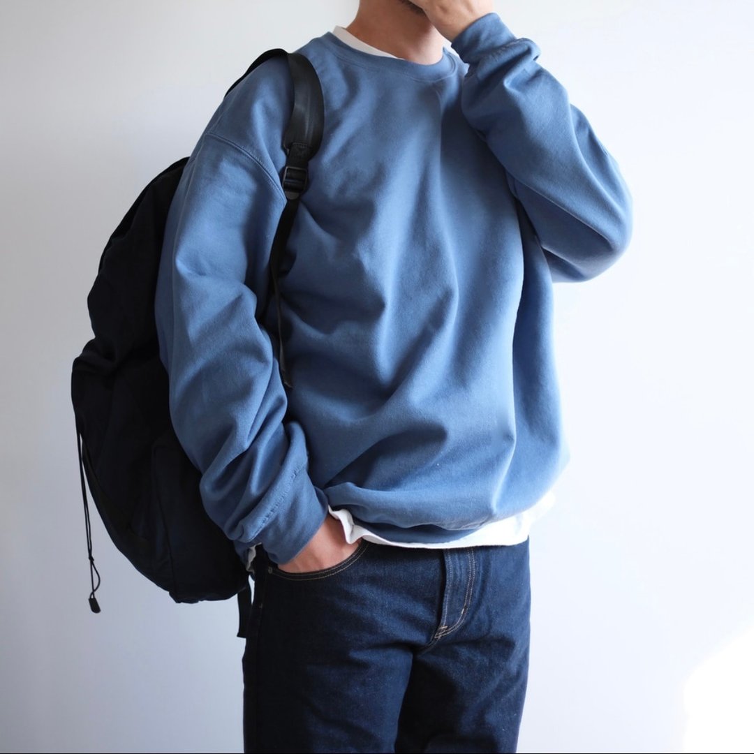 宽松版型 大学T / 蓝色 / 素色 / 手工刺绣 / 中性款 - 中性连帽卫衣/T 恤 - 棉 蓝色