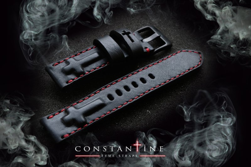 Leather watch strap   CONSTANTINE crucifix   Black leather  Black Buckle - 表带 - 真皮 黑色