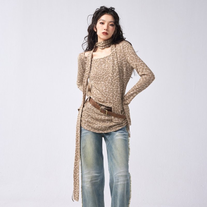 【豹紋圍巾飄帶壹字肩連衣裙針織衫】含腰帶 - 女装 T 恤 - 其他材质 卡其色
