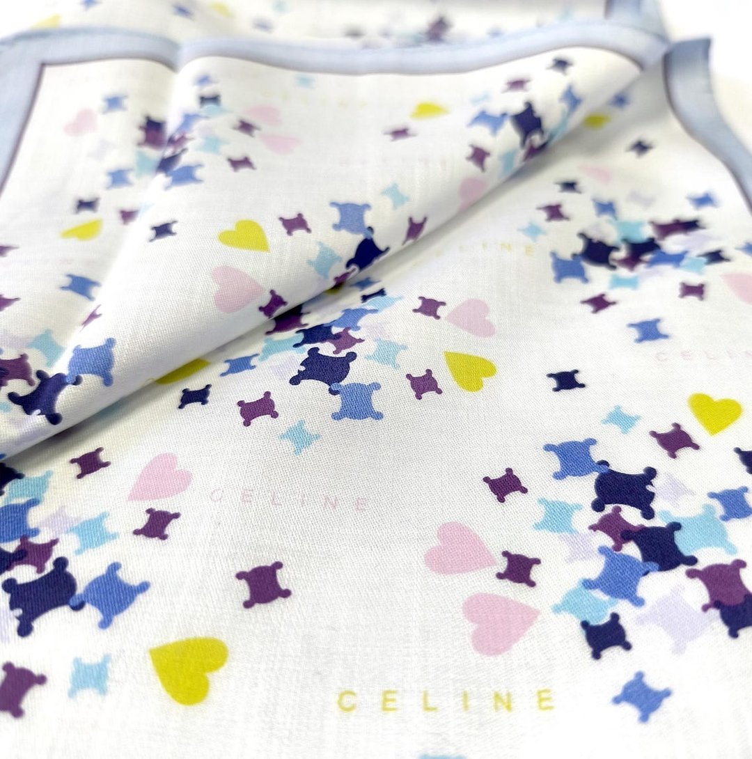 Celine 古董手帕 俏皮散落的 Logo 与爱心图案 20 x 20 英寸 - 手帕/方巾 - 棉．麻 蓝色