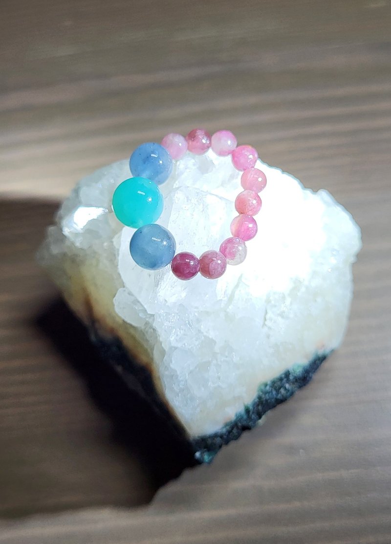 •彩蛋• 天河石×魔鬼海蓝宝×碧玺  浪漫系设计款戒指 - 戒指 - 宝石 蓝色