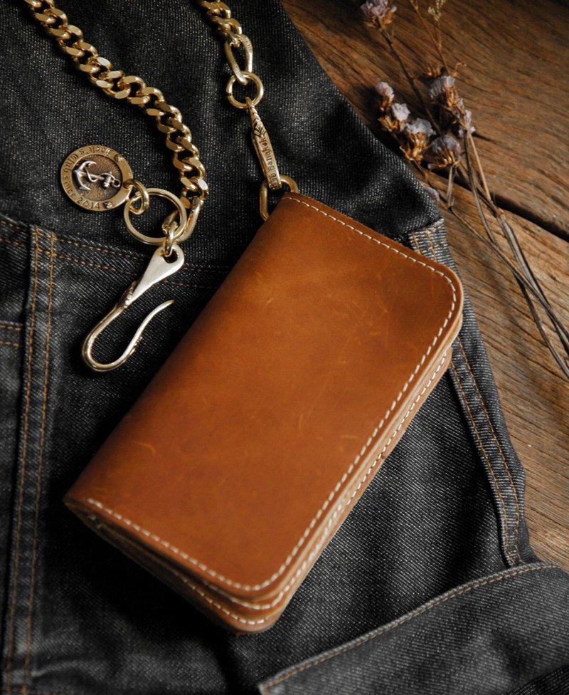 长钱包 链 黄铜 真皮棕色 猫头鹰 - 皮夹/钱包 - 真皮 咖啡色