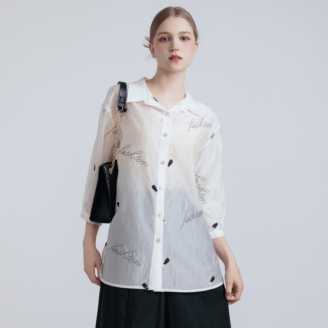 【MEDUSA】透感轻薄天丝棉字母长版衬衫(M-2L) | 女长版衬衫 - 女装衬衫 - 棉 白色
