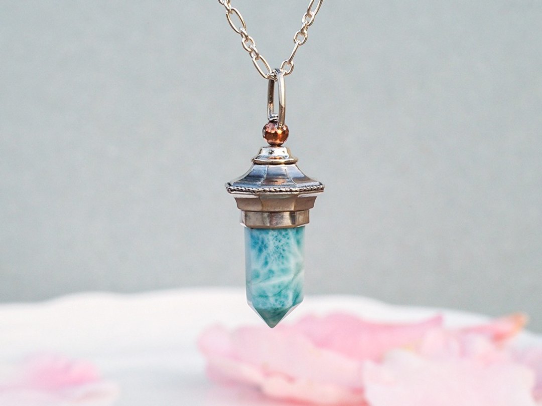 【特价单件作品】手工925纯银【小烟火提灯】拉利玛项链 Larimar - 项链 - 纯银 蓝色