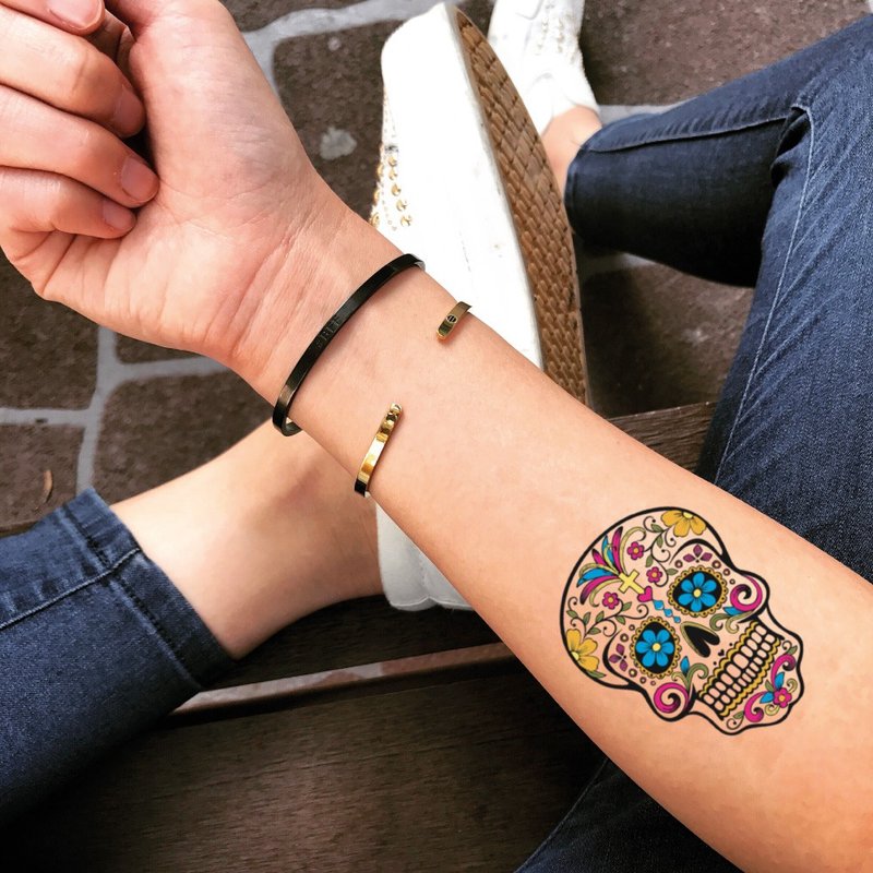 OhMyTat 糖骷髅 Sugar Skull 刺青图案纹身贴纸 (2 张) - 纹身贴 - 纸 多色